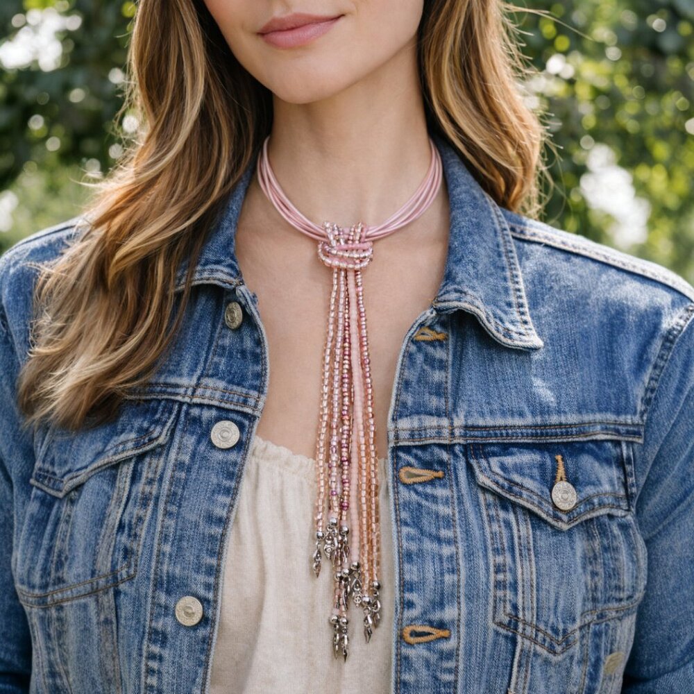 Multistrand Pink Leather Choker with Beaded Strands Necklace
